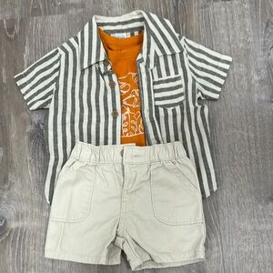 Carter's Green Striped Shirt with Orange Tee and Beige Shorts
